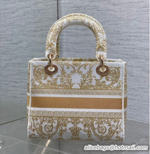 Unique Style Dior Medium Lady D-Lite Bag in Latte White and Gold-Tone Dioresque Butterfly Cornely Embroidery 0126062 202