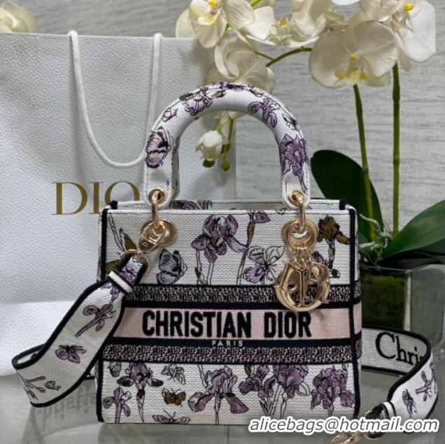 Pretty Style Dior Medium Lady D-Lite Bag in Latte White Butterflies & Iris Purple Embroidery 0126066 2026