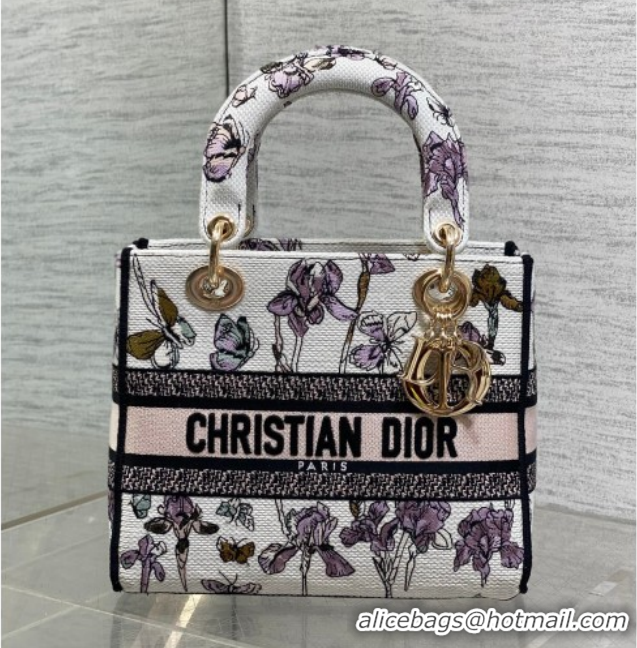 Pretty Style Dior Medium Lady D-Lite Bag in Latte White Butterflies & Iris Purple Embroidery 0126066 2026