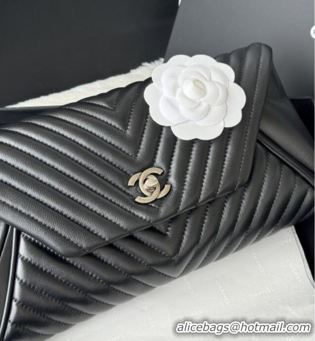 Big Discount Chanel Chevron Lambskin Leather Clutch AP9855 Black/Silver 2026