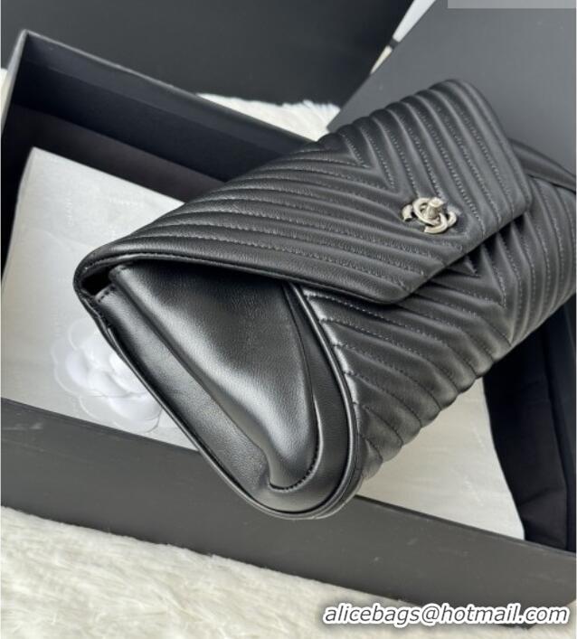 Big Discount Chanel Chevron Lambskin Leather Clutch AP9855 Black/Silver 2026
