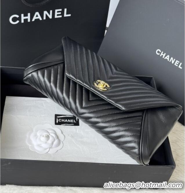 Well Crafted Chanel Chevron Lambskin Leather Clutch AP9855 Black/Gold 2026