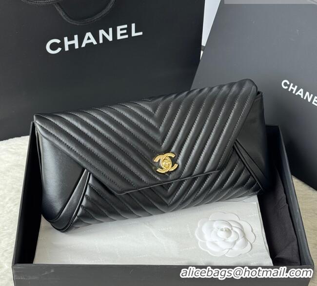 Well Crafted Chanel Chevron Lambskin Leather Clutch AP9855 Black/Gold 2026