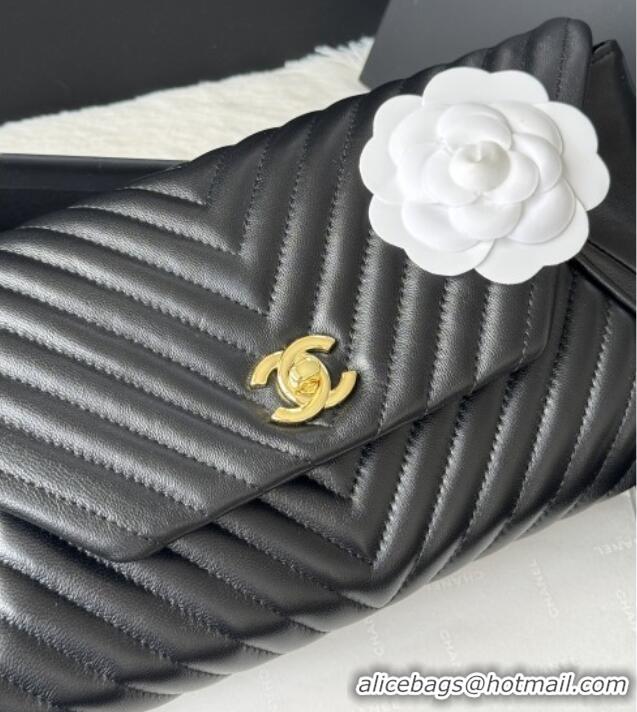 Well Crafted Chanel Chevron Lambskin Leather Clutch AP9855 Black/Gold 2026