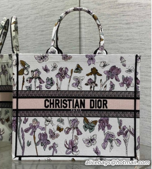 Unique Style Dior Large Book Tote Bag in Latte White Multicolor Butterflies & Iris Purple Embroidery 60126079 2026