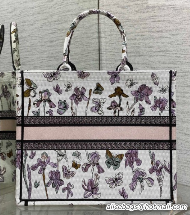 Unique Style Dior Large Book Tote Bag in Latte White Multicolor Butterflies & Iris Purple Embroidery 60126079 2026