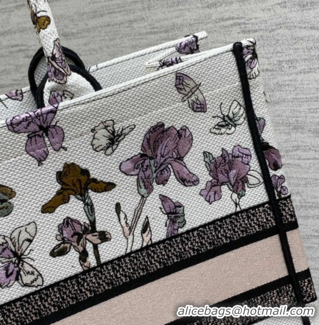 Unique Style Dior Large Book Tote Bag in Latte White Multicolor Butterflies & Iris Purple Embroidery 60126079 2026