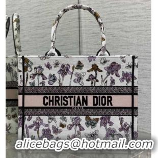 Best Product Dior Medium Book Tote Bag in Latte White Multicolor Butterflies & Iris Purple Embroidery 60126080 2026