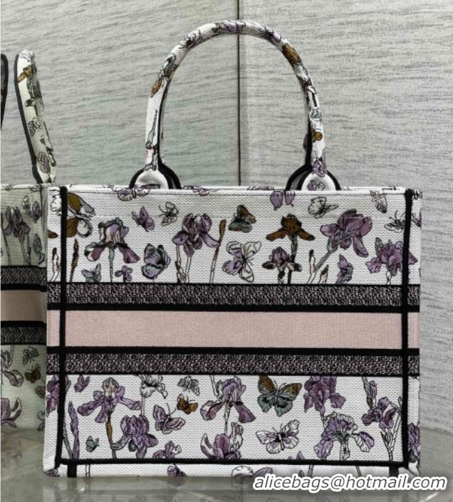 Best Product Dior Medium Book Tote Bag in Latte White Multicolor Butterflies & Iris Purple Embroidery 60126080 2026