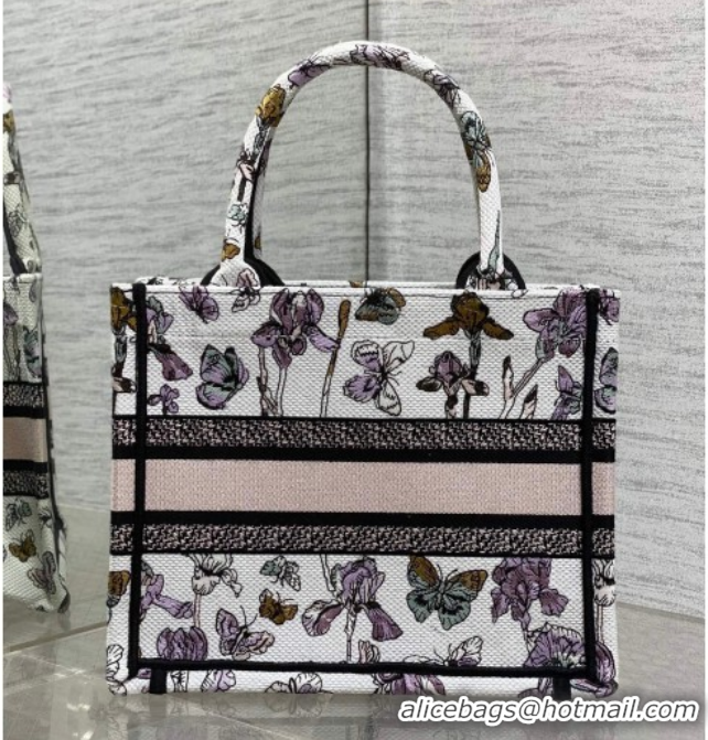 Charming Dior Small Book Tote Bag in Latte White Multicolor Butterflies & Iris Purple Embroidery 60126081 2026
