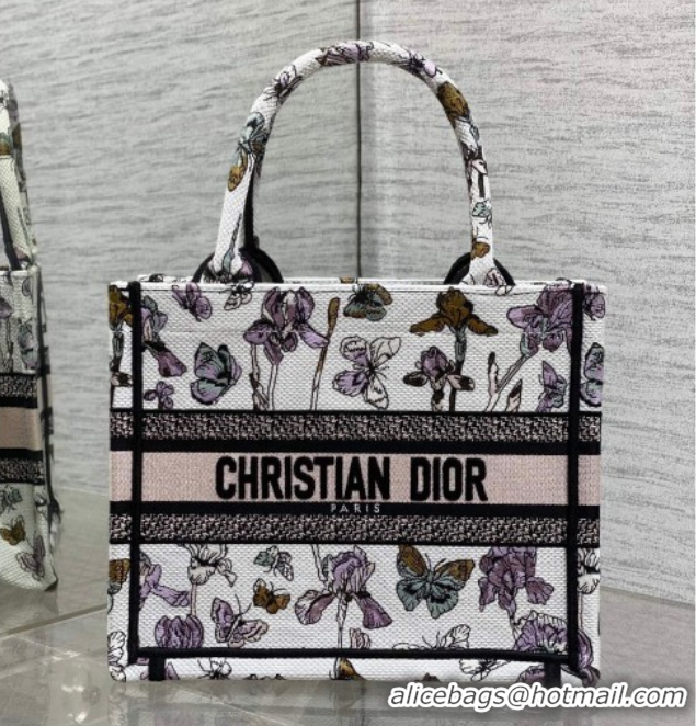 Charming Dior Small Book Tote Bag in Latte White Multicolor Butterflies & Iris Purple Embroidery 60126081 2026