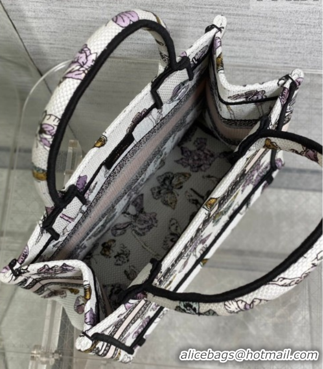 Charming Dior Small Book Tote Bag in Latte White Multicolor Butterflies & Iris Purple Embroidery 60126081 2026