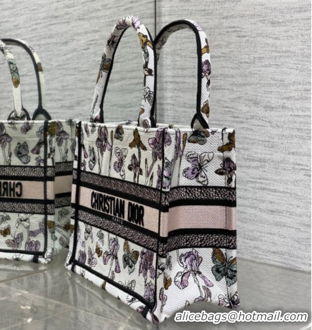 Charming Dior Small Book Tote Bag in Latte White Multicolor Butterflies & Iris Purple Embroidery 60126081 2026