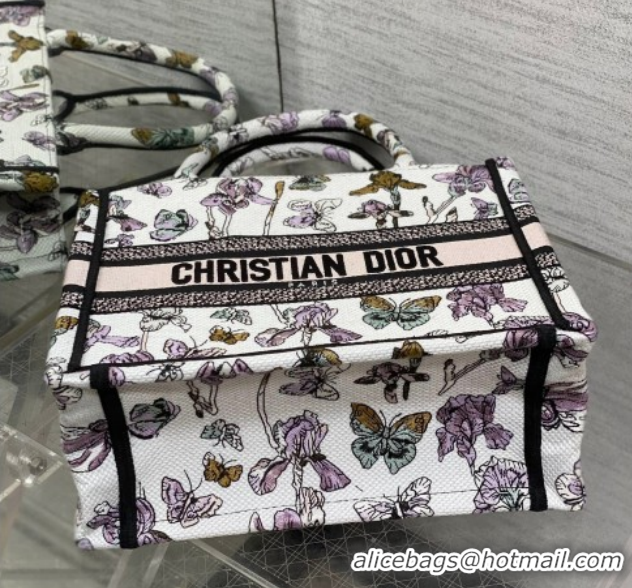 Charming Dior Small Book Tote Bag in Latte White Multicolor Butterflies & Iris Purple Embroidery 60126081 2026