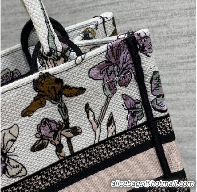 Charming Dior Small Book Tote Bag in Latte White Multicolor Butterflies & Iris Purple Embroidery 60126081 2026