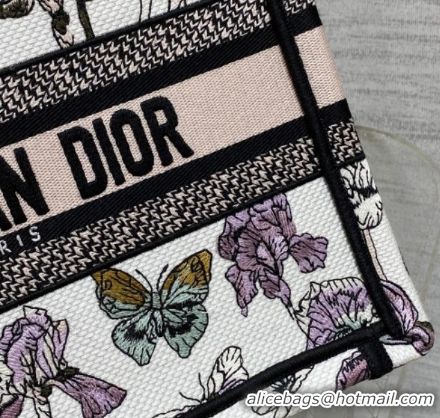 Charming Dior Small Book Tote Bag in Latte White Multicolor Butterflies & Iris Purple Embroidery 60126081 2026