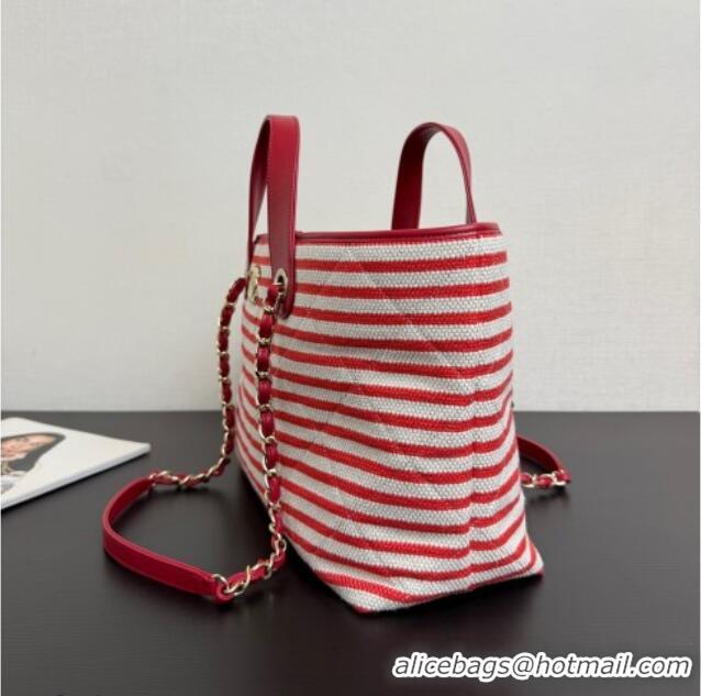 Traditional Discount Chanel Striped Printed Fabric Shopping Bag AS6007 Red 2026