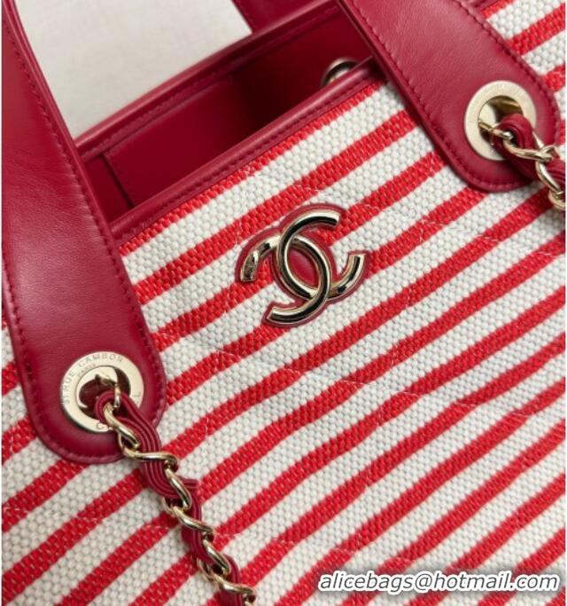 Traditional Discount Chanel Striped Printed Fabric Shopping Bag AS6007 Red 2026