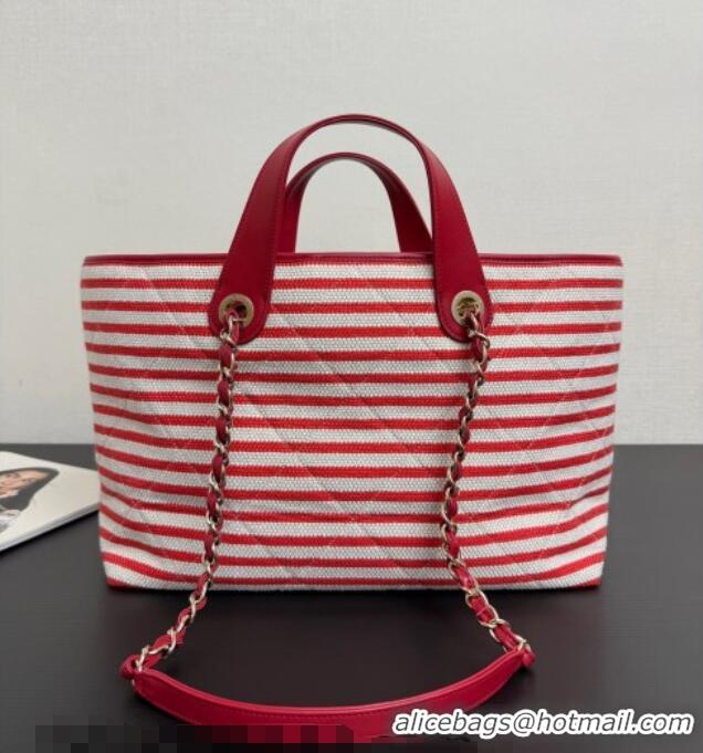 Traditional Discount Chanel Striped Printed Fabric Shopping Bag AS6007 Red 2026