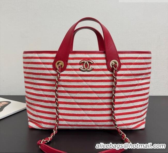 Traditional Discount Chanel Striped Printed Fabric Shopping Bag AS6007 Red 2026