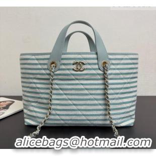 Luxury Discount Chanel Striped Printed Fabric Shopping Bag AS6007 Blue 2026