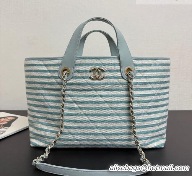 Luxury Discount Chanel Striped Printed Fabric Shopping Bag AS6007 Blue 2026
