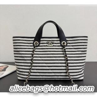 Good Taste Chanel Striped Printed Fabric Shopping Bag AS6007 Black 2026