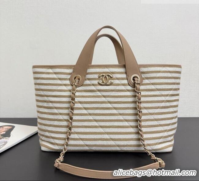 Market Sells Chanel Striped Printed Fabric Shopping Bag AS6007 Beige 2026
