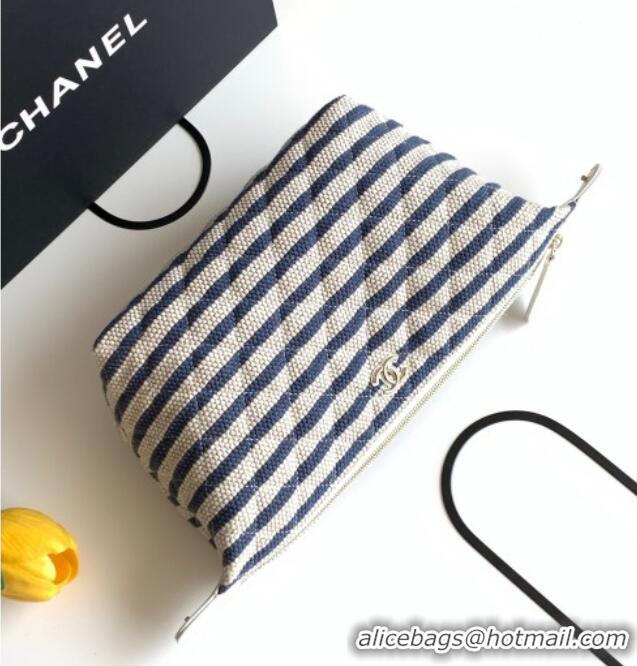 Good Looking Chanel Striped Printed Fabric Zipped Case AP4990 Navy Blue 2026