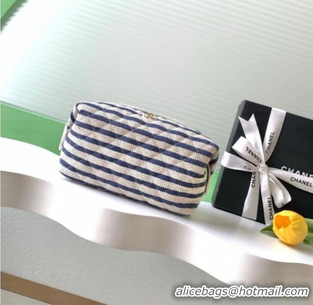 Good Looking Chanel Striped Printed Fabric Zipped Case AP4990 Navy Blue 2026