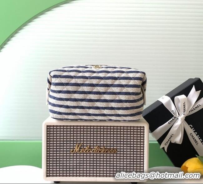 Good Looking Chanel Striped Printed Fabric Zipped Case AP4990 Navy Blue 2026