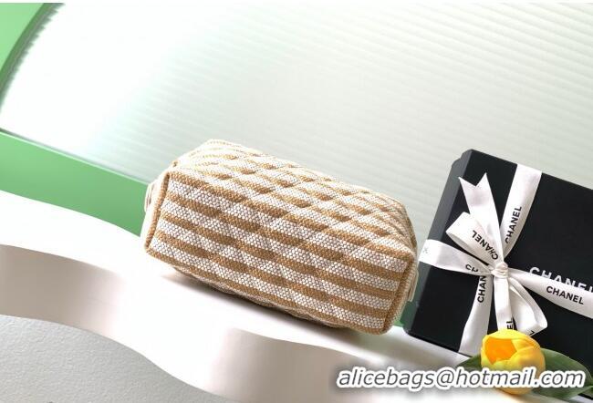 Big Discount Chanel Striped Printed Fabric Zipped Case AP4990 Beige 2026