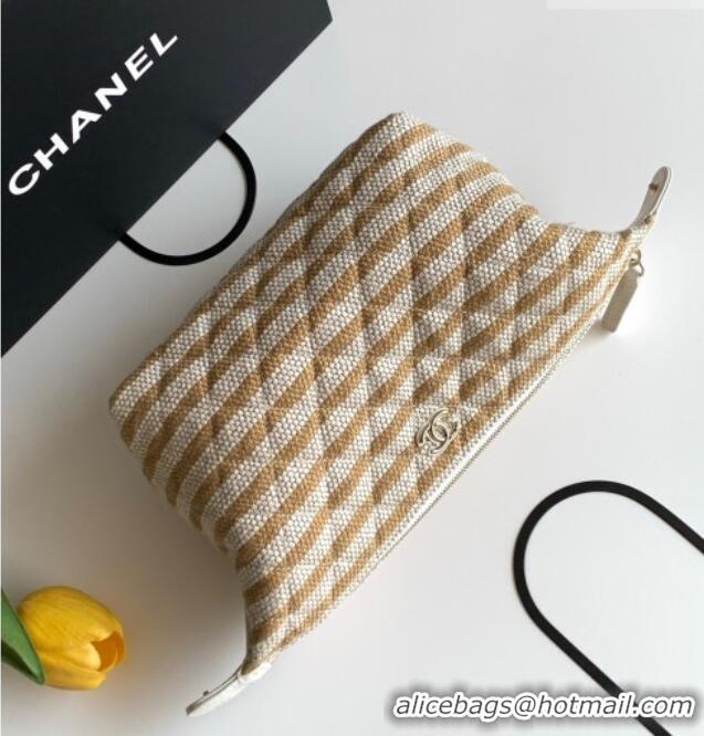 Big Discount Chanel Striped Printed Fabric Zipped Case AP4990 Beige 2026