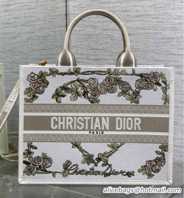 Stylish Dior Medium Book Tote Bag in Multicolor Amour de Roses Embroidery and Latte White Calfskin 60126084 2026