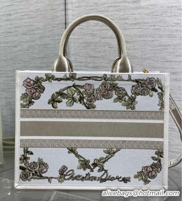 Stylish Dior Medium Book Tote Bag in Multicolor Amour de Roses Embroidery and Latte White Calfskin 60126084 2026