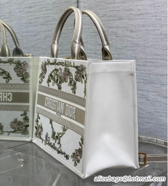 Stylish Dior Medium Book Tote Bag in Multicolor Amour de Roses Embroidery and Latte White Calfskin 60126084 2026