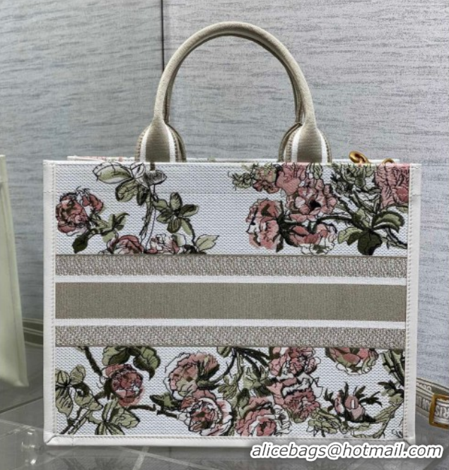 Popular Style Dior Medium Book Tote Bag in Multicolor Roses Embroidery and Latte White Calfskin 60126086 2026