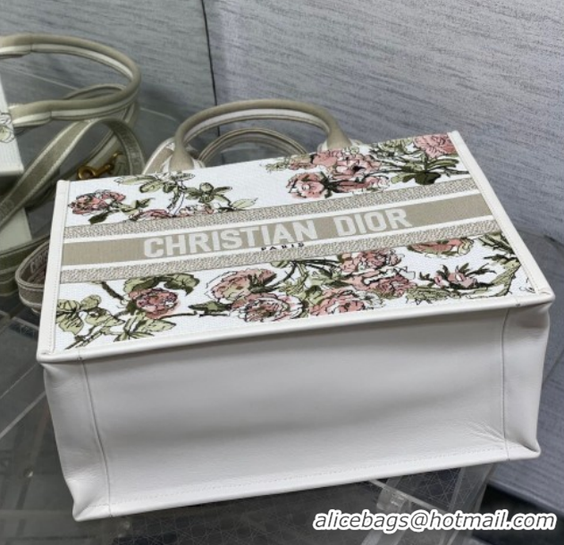 Popular Style Dior Medium Book Tote Bag in Multicolor Roses Embroidery and Latte White Calfskin 60126086 2026