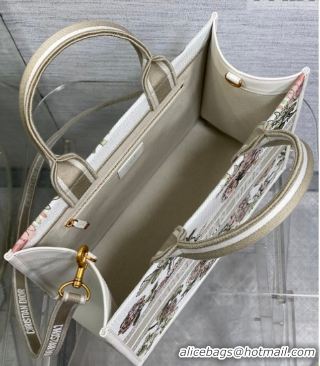 Popular Style Dior Medium Book Tote Bag in Multicolor Roses Embroidery and Latte White Calfskin 60126086 2026