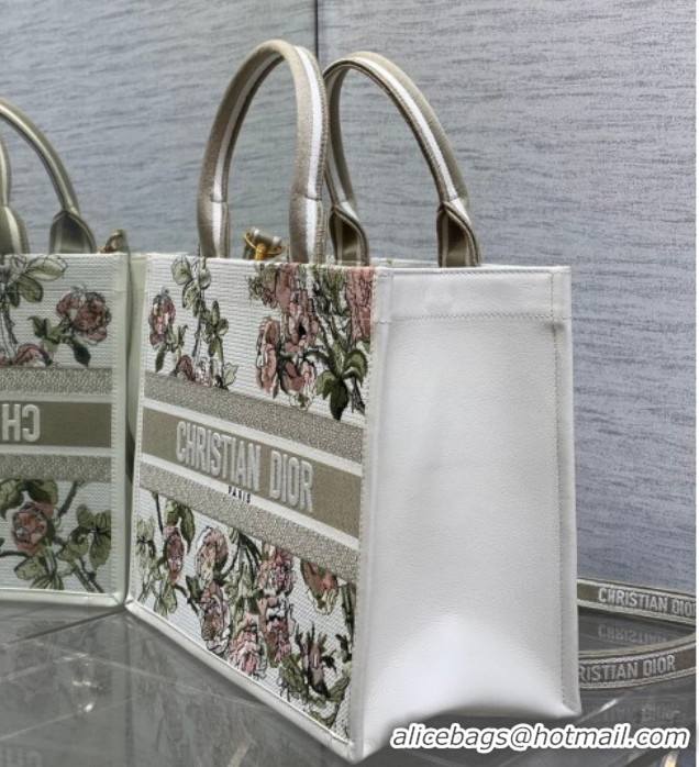 Popular Style Dior Medium Book Tote Bag in Multicolor Roses Embroidery and Latte White Calfskin 60126086 2026