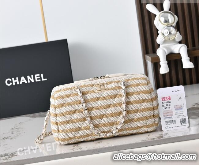 Popular Style Chanel Striped Printed Fabric Clutch with Chain AP4986 Beige 2026