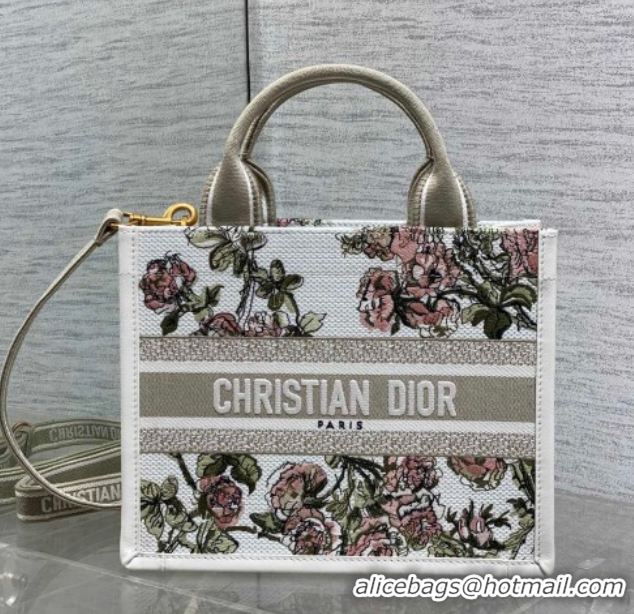 Low Price Dior Small Book Tote Bag in Multicolor Roses Embroidery and Latte White Calfskin 60126087 2026