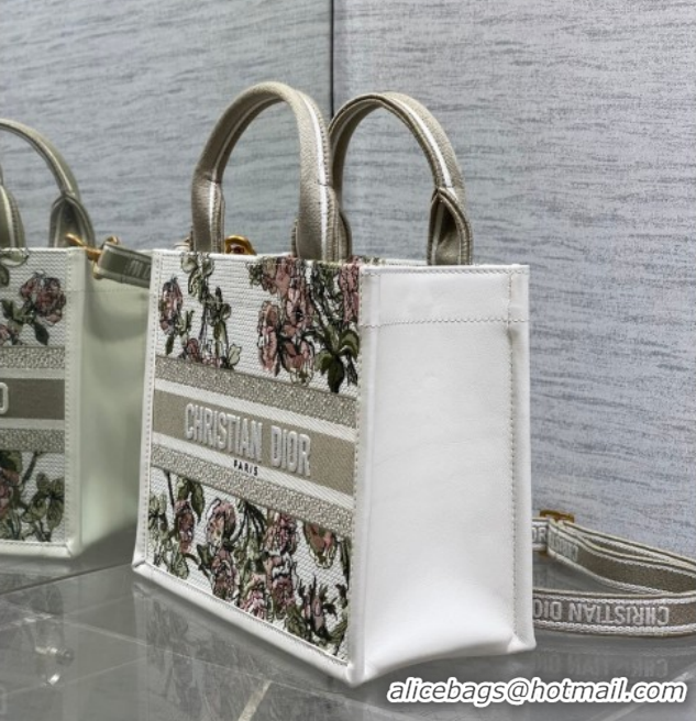 Low Price Dior Small Book Tote Bag in Multicolor Roses Embroidery and Latte White Calfskin 60126087 2026