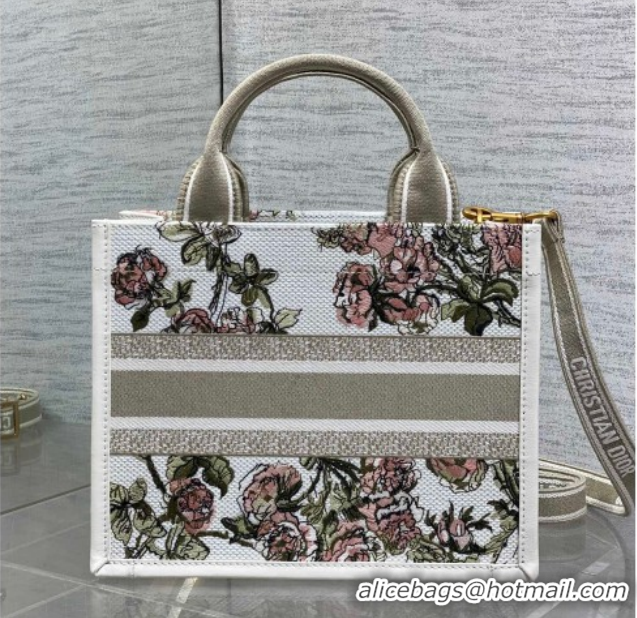 Low Price Dior Small Book Tote Bag in Multicolor Roses Embroidery and Latte White Calfskin 60126087 2026