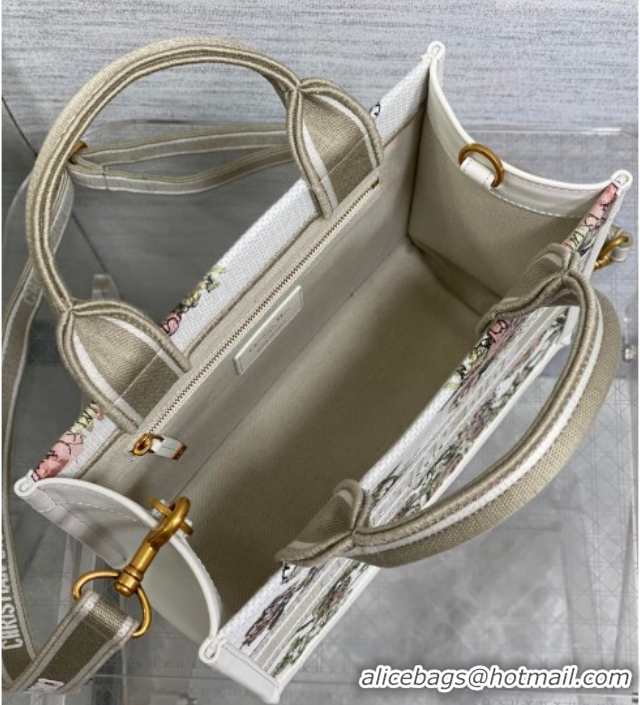 Low Price Dior Small Book Tote Bag in Multicolor Roses Embroidery and Latte White Calfskin 60126087 2026
