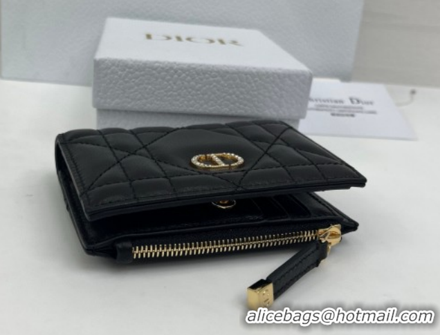 Shop Duplicate Dior Caro Dahlia Wallet with Crystals in Macrocannage Lambskin Leather Black 0127009 2026