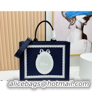 Cheap Price Dior Large Book Tote Bag in Blue Oblique Embroidery with White Lace and Dior Médaillon 0127055 2026