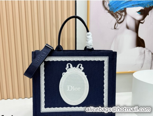 Cheap Price Dior Large Book Tote Bag in Blue Oblique Embroidery with White Lace and Dior Médaillon 0127055 2026