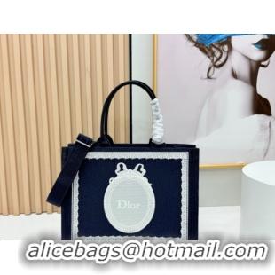 Unique Discount Dior Medium Book Tote Bag in Blue Oblique Embroidery with White Lace and Dior Médaillon 0127056 2026