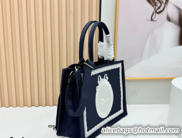 Unique Discount Dior Medium Book Tote Bag in Blue Oblique Embroidery with White Lace and Dior Médaillon 0127056 2026